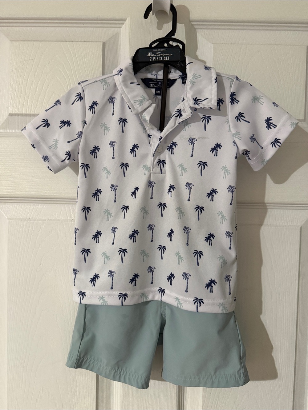 Ben Sherman White Polo with Navy and Mint Palm Print + Mint Shorts